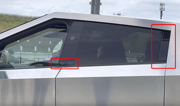 The Cybertruck's door handles are cleverly hidden in the black plastic trim near the windows, probably saving cost as well as cleaning up visuals. (Image source: Farzad Mesbahi on YouTube)