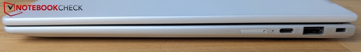 Right: SIM, USB-C (10 Gbps), USB-A (5 Gbps), Kensington