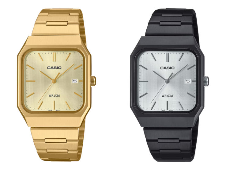 From left to right: the Casio MTP-B185B-7AV and MTP-B185G-9AV watches