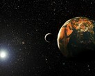 An artist's illustration showing the Earth and the Sun.