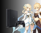 Genshin Impact characters pictured next to PS4 (Image source: Cognosphere, Sony PlayStation with edits)