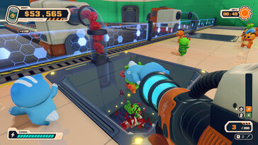 A vacuum and blower device is used to transport the slaughtered monsters. (Pictured: A screenshot from Can 'Em All.)