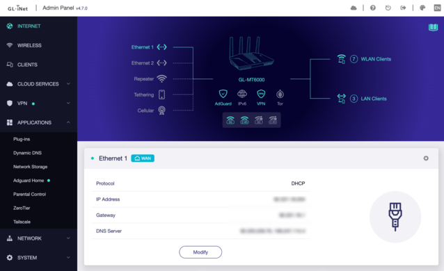 The Flint 2 admin panel is easy to navigate and adds one click functionality for many key services (Image Source: David Devey, Notebookcheck)