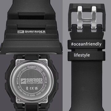 Subtle design details include the Surfrider Foundation Japan logo on the stainless steel case back and the #oceanfriendlylifestyle tagline on the band loop.