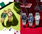 Promotional image showing Casio's MTP-B146 collection, including silver and gold-tone stainless steel watches with black, light blue, green, and champagne dials, each featuring a curved day display at the 12 o'clock position.