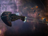 In-game footage of a ship engaging space asteroids in Eve Online (image source: SteamDB)