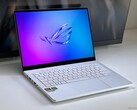 The white Asus ROG Zephyrus G14 is a compact 14-inch gaming laptop with RTX 5080 and gorgeous OLED display