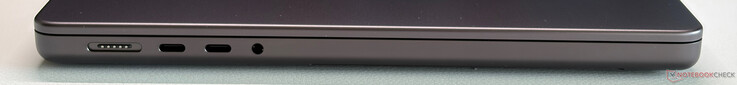 Left: MagSafe, 2x USB-C 4.0 with Thunderbolt 5 (120 Gbps, DisplayPort 2.1, Power Delivery), 3.5-mm audio