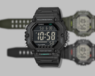 An image of the Casio AE-1600HX-1BV overlaid on a short and long strap.