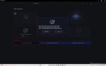 If attempting to enable Apex mode, a popup window will warn the user of increase temperatures of fan noise
