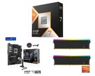 Promotional image for AMD Ryzen 7 9800X3D, Asus TUF X870 motherboard, V-Color 32 GB DDR5 RAM combo.