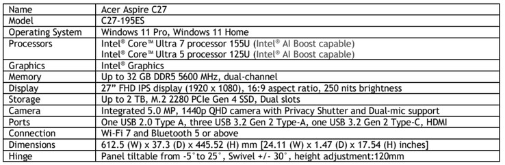 Acer Aspire C27 Intel Meteor Lake specs (Image source: Acer)