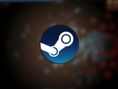 Pictured - the Steam logo overlaid on a blurred screenshot from the game Power Fantasy. (Image source: Steam - edited)