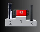 Switch 2 on top of console launch sales podium (Image source: Nintendo of America, Sony PlayStation, Freepik with edits)