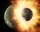 An artist's illustration showing a collision between two planets.