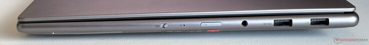 Right: Webcam eShutter, power button, 3.5 mm stereo, 2x USB-A 3.2 Gen.2 (10 Gbps, 1x Always-on)