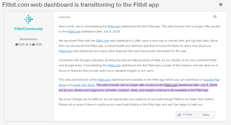 The forum post announcing the retirement of the Fitbit.com web dashboard.
