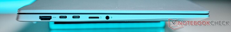 Left: HDMI 2.1, 2x USB-C 4.0 (40 Gbit/s, DisplayPort ALT mode 1.4, microSD card reader, 3.5-mm audio