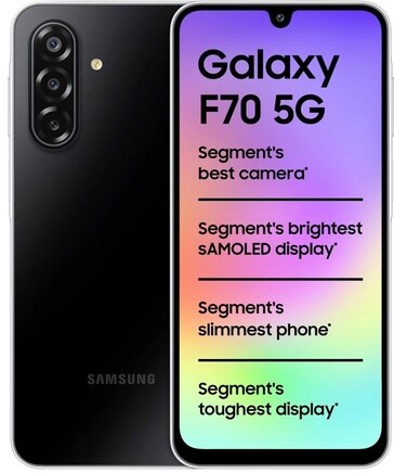 Samsung Galaxy F70 5G in Bold Black, shown from the front and rear
