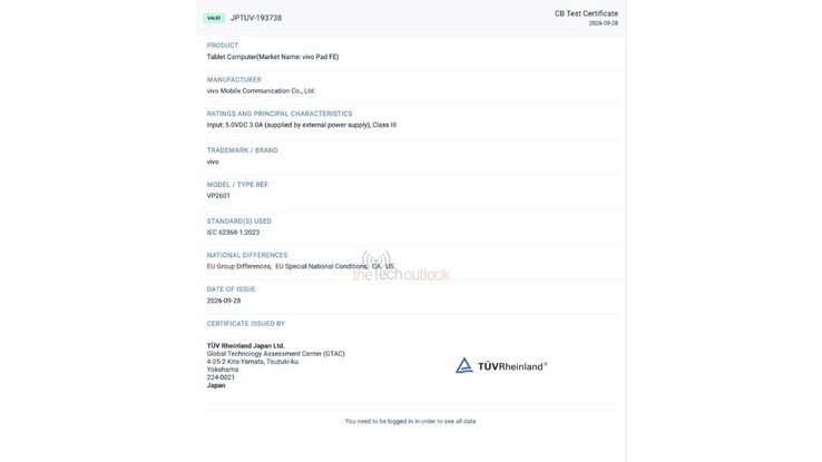 TÜV Rheinland Japan certification for the Vivo Pad FE.