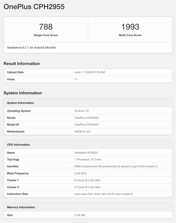 Alleged Geekbench listing of the OnePlus N6.
