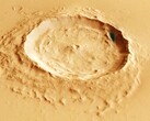 A bird's eye view of a martian crater near Eumenides Dorsum (Image source: ESA, DLR, and FU Berlin; cropped)