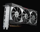 Close-up render of the AMD Radeon RX 6800 XT graphics card, featuring a triple-fan cooling design and silver shroud with prominent Radeon branding. (Image source: AMD)
