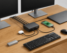 Belkin 12-in-1 dock connected to a laptop, dual monitors, and other peripherals in a desktop setup