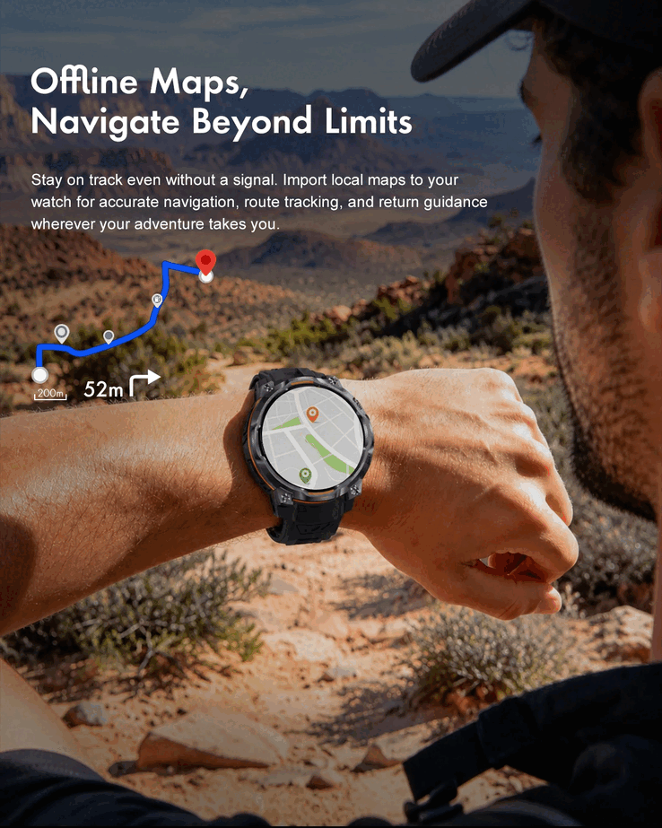 Imported maps provide turn-by-turn directions and guidance back to a starting point, supported by a compass, barometer and altimeter.