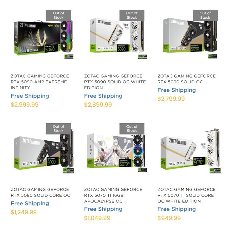 RTX 50 series GPUs on Zotac's website. (Image Source: Zotac)
