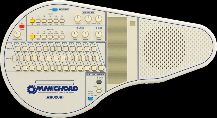 The Omnichord is played by swiping a finger across the vertical strumboard while pressing chord buttons. (Source: Suzuki)
