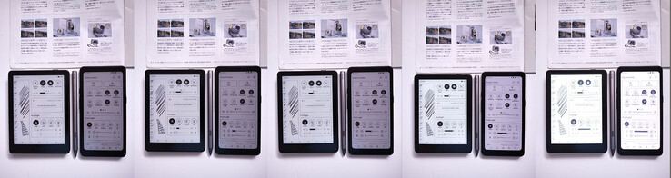 Boox Go 6 II (L) vs Palma 2 Pro brightness in 25% steps from 0% to 100% with shaded daylight indoors.