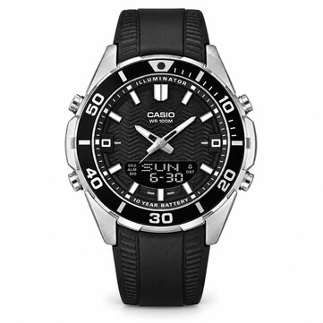 Black analog-digital watch with a round resin case, black resin strap, fixed-looking black bezel with white minute markings, luminous hour markers, and a rectangular digital display at six o’clock.