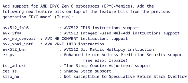The commit message from Ben Cheatham's QEMU patch, listing the new feature bits added for Epyc-Venice.