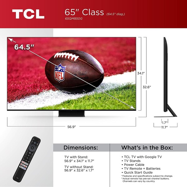 The dimensions of the 65-inch QM8 (Image: TCL)