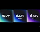 Artistic representation of Apple's M5, M5 Pro, and M5 Max chips. (Image source: Apple, edited using Gemini)