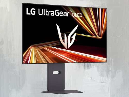Front of 32-inch dual mode LG OLED gaming monitor shown at angle