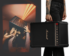 Two images of the Marshall Bromley 450 - one stylized and one being held in a hand.