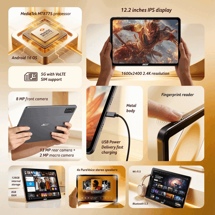 Acer Iconia Tab 12 5G key specifications, display, cameras, connectivity and hardware features
