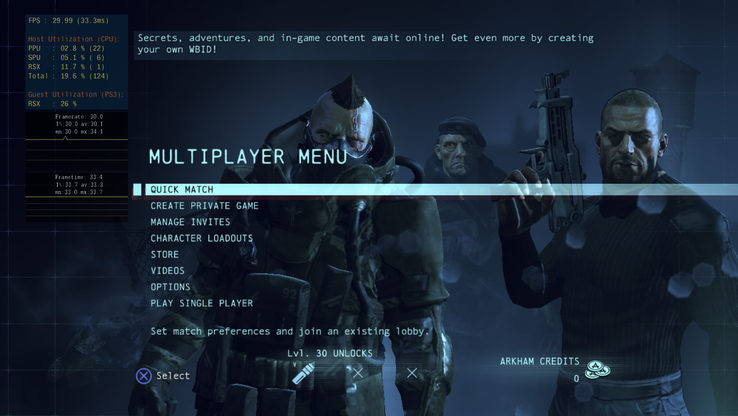 Batman: Arkham Origins multiplayer menu running through ARMSX3, showing quick matches, private games and invitations.