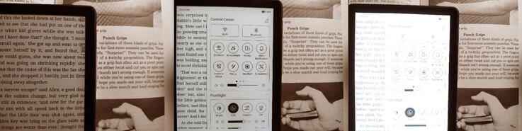 Boox Go 6 II vs book indirectly lit by lamp at night (f/1.8 1/30 ISO 800). Brightness 0, 19, 28 (max).