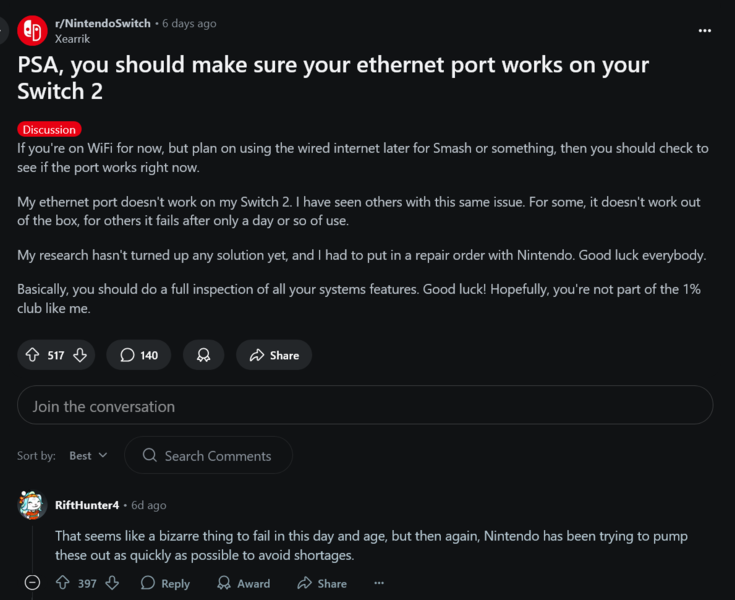 Nintendo Switch 2 Ethernet port issues (Image source: screenshot, Nintendo Switch subreddit)