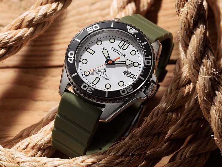Citizen Promaster Marine BN0265-00A dive watch with a white dial, black bezel, stainless steel case, and olive green strap resting on coiled rope.