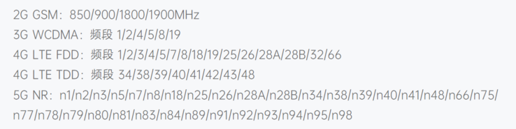 The network bands supported by the OnePlus 16. Unfortunately, 4G band 20 is not included.