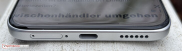 below: Dual SIM, microphone, USB-C 2.0, speaker