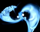 view of a supercomputer simulation of merging, magnetized neutron stars