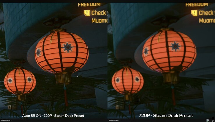 Cyberpunk 2077 on ROG Xbox Ally X native vs Auto SR image quality comparison.