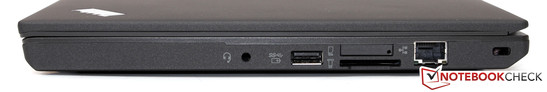 Right side: Headset port, USB 3.0, card reader, SIM slot, Gbit-LAN, Kensington lock