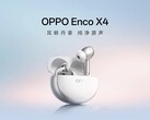 A promotional image showcasing the Oppo Enco X4 earbuds in a white colorway.
