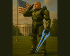 Donald Trump wearing Master Chief's Mjolnir armor (image source: The White House on X)